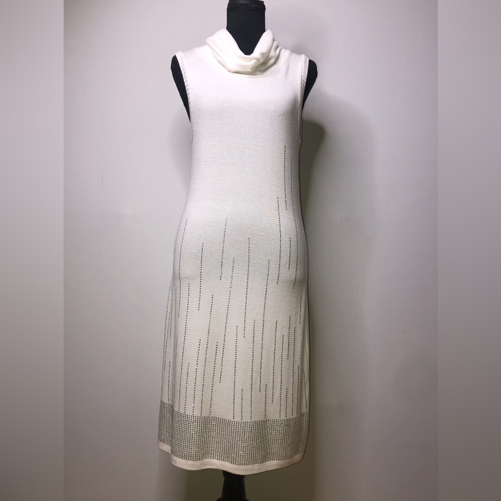 Dots White Cream Cowl Neck Rhinestone Midi Medium Dress